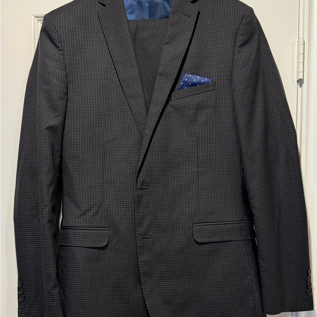 Sophisticated Black Checkered Suit With Blue Accents